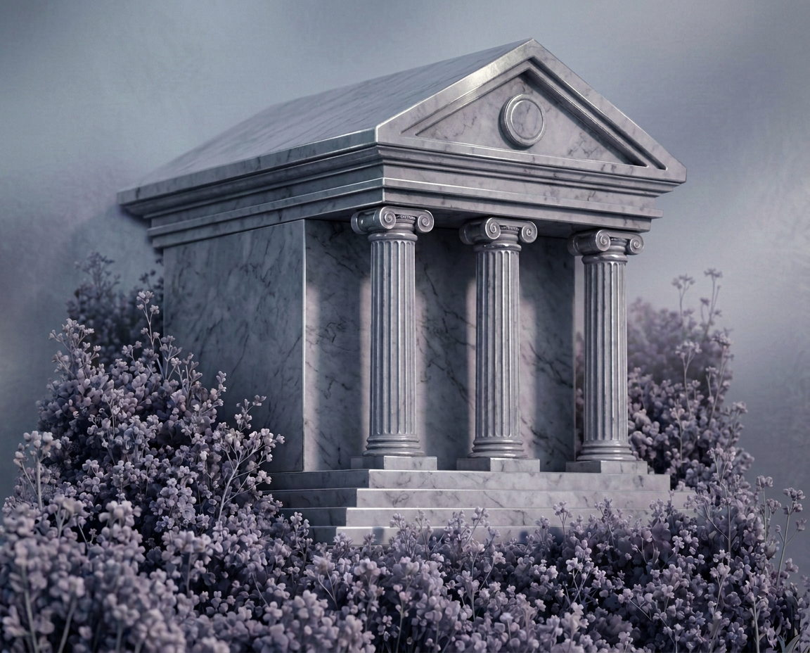 Classical marble temple among lavender flowers