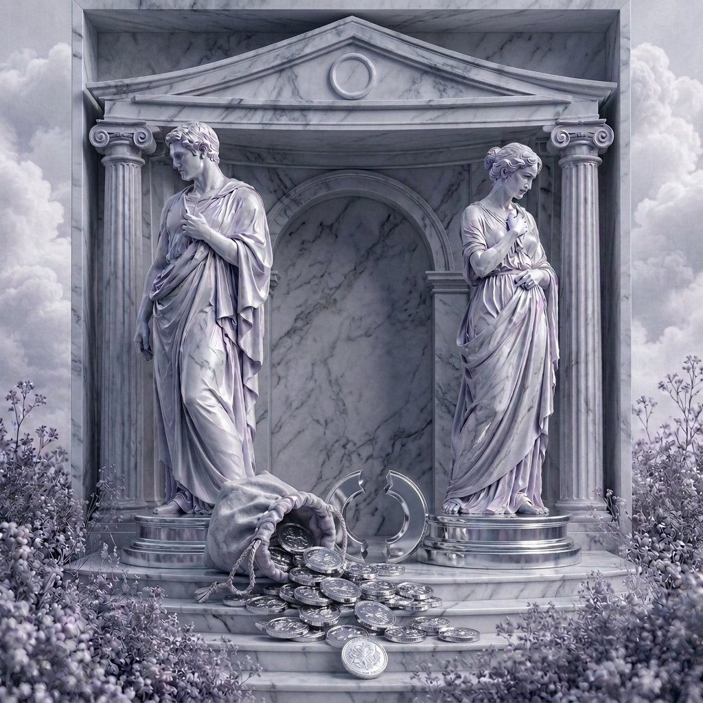 Classical statues with divided coins